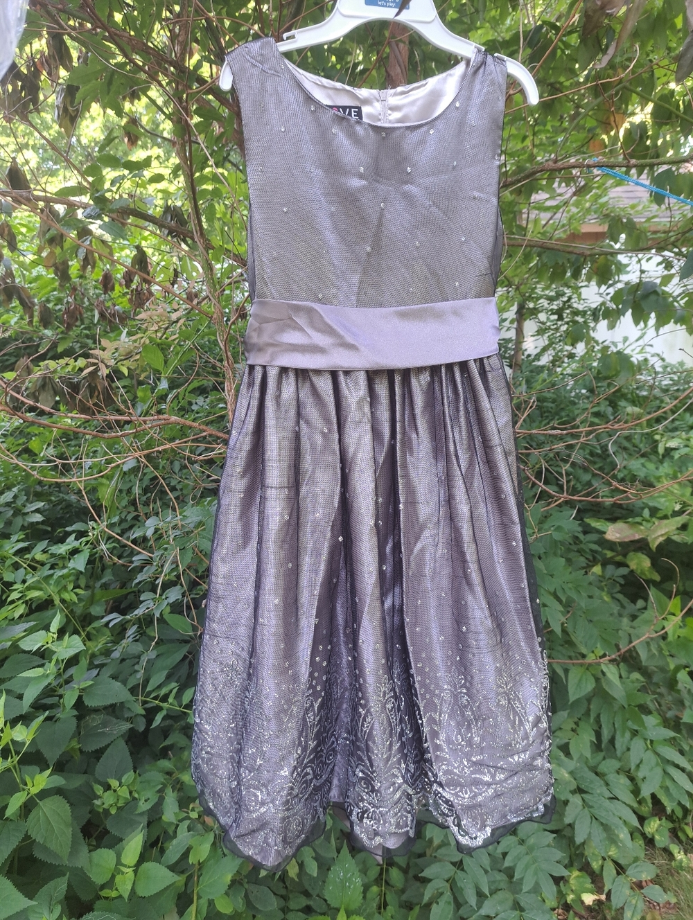 Girls' Silver Gray Embellished Formal Dress with Satin Waistband